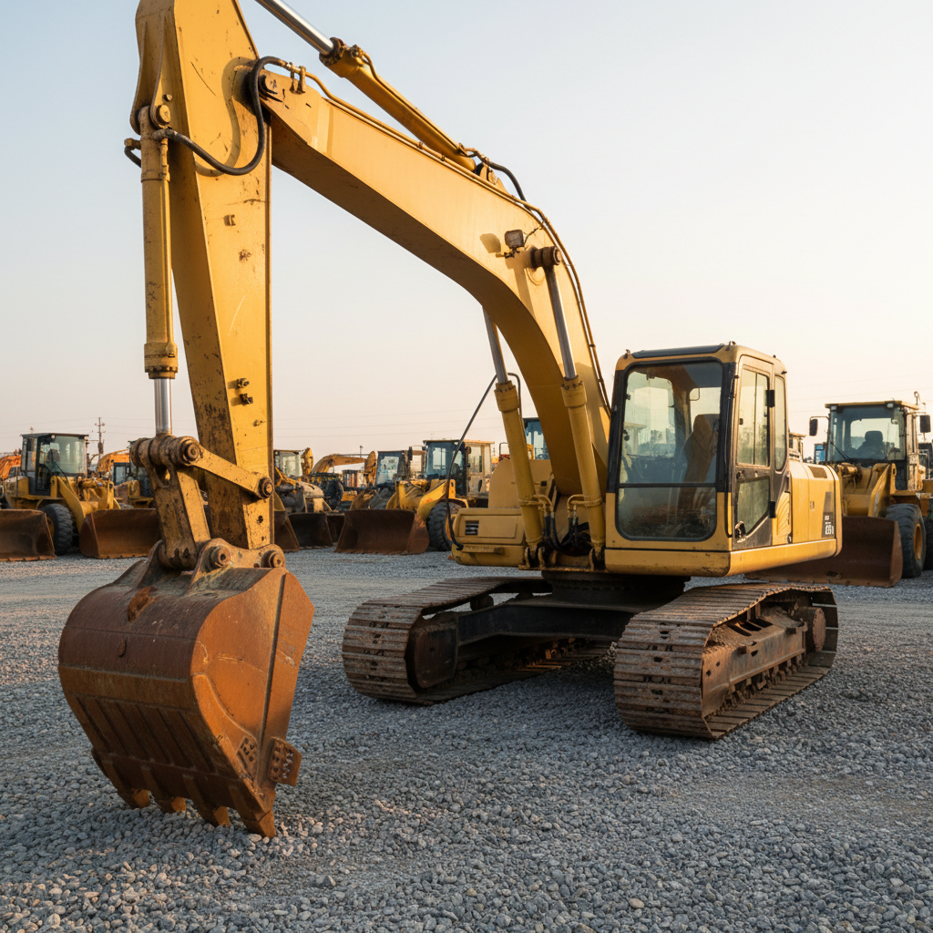 A close-up, three-quarter view of a used crawler excavator in excellent condition, its hydraulic lines, joints, and reinforced steel boom rendered in crisp photographic detail. The machine’s yellow paint shows gentle fading and a few realistic scuff marks near the bucket teeth, which rest on compacted gravel. In the background, out-of-focus silhouettes of other excavators and loaders suggest a busy second-hand machinery market. Late afternoon sunlight casts warm highlights along the boom and cabin edges, with soft shadows grounding the tracks. Shot at eye level with moderate depth of field, the framing centers the excavator, creating a confident, trustworthy mood suitable for a Chinese used equipment supplier’s homepage banner.