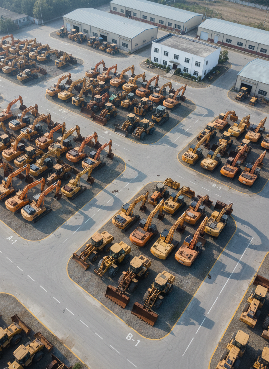 A bird’s-eye view of a large used construction machinery yard in China, captured in photographic realism. Dozens of excavators, wheel loaders, bulldozers, and road rollers are parked in clearly defined rows on a wide concrete and gravel surface, with painted lane markings and numbered signage visible on the ground. Soft morning light casts long, gentle shadows that accentuate the geometric patterns created by the machines’ booms, arms, and blades. In the distance, low industrial warehouses and a simple office building form a clean, neutral backdrop. The wide, overhead composition conveys scale, order, and professionalism, perfectly suited to communicate a comprehensive catalog of in-stock second-hand machines ready for immediate delivery.