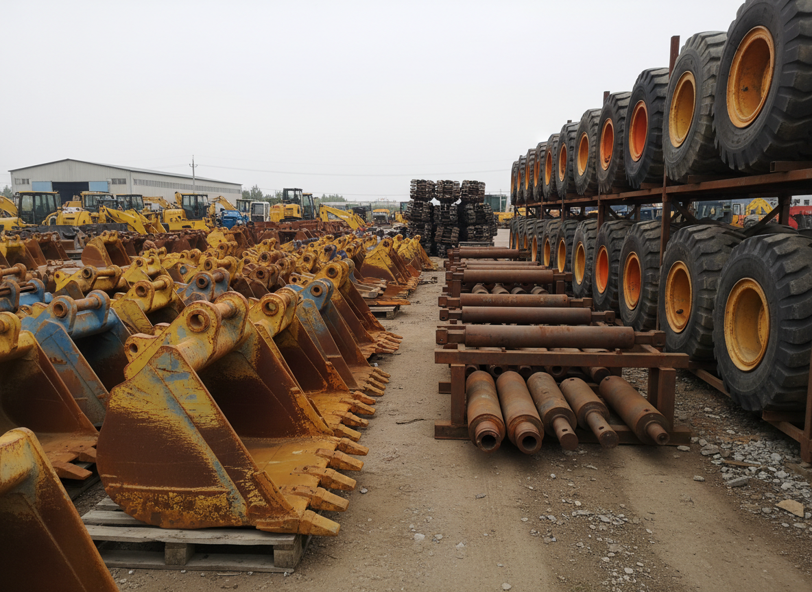 An organized outdoor storage area of a Chinese second-hand equipment supplier, featuring neatly arranged rows of excavator buckets, loader tires, hydraulic cylinders, and steel track segments. Each component is shown in high-resolution photographic detail, with worn yet serviceable surfaces, rust tones blending with faded industrial paint colors. The parts rest on wooden pallets and metal racks over compacted dirt and gravel. Overcast daylight creates diffused, shadow-softening illumination that highlights textures without harsh contrast. Shot from an eye-level, slightly oblique angle, the composition leads the viewer’s eye down receding rows of inventory, emphasizing depth and abundance. The atmosphere feels practical, efficient, and trustworthy, highlighting the availability of spare parts alongside complete used machines.