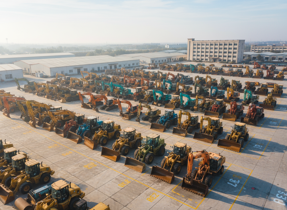 A bird’s-eye view of a large used construction machinery yard in China, captured in photographic realism. Dozens of excavators, wheel loaders, bulldozers, and road rollers are parked in clearly defined rows on a wide concrete and gravel surface, with painted lane markings and numbered signage visible on the ground. Soft morning light casts long, gentle shadows that accentuate the geometric patterns created by the machines’ booms, arms, and blades. In the distance, low industrial warehouses and a simple office building form a clean, neutral backdrop. The wide, overhead composition conveys scale, order, and professionalism, perfectly suited to communicate a comprehensive catalog of in-stock second-hand machines ready for immediate delivery.