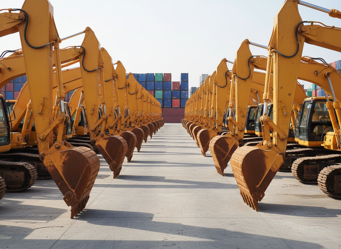 A row of well-maintained used excavators in vivid yellow and orange paint, their steel tracks aligned precisely on a clean concrete yard, each boom and bucket raised slightly at a uniform angle. The machines show light, realistic wear on the buckets and track pads, with subtle scratches and dust that indicate honest usage. Photographic realism captures them under soft afternoon daylight, with a bright but slightly hazy sky above and stacks of shipping containers blurred in the distance. Shot from a slightly elevated, wide-angle perspective, the composition emphasizes quantity and variety, conveying a large, reliable inventory of second-hand construction machinery in a clean, organized Chinese industrial yard.