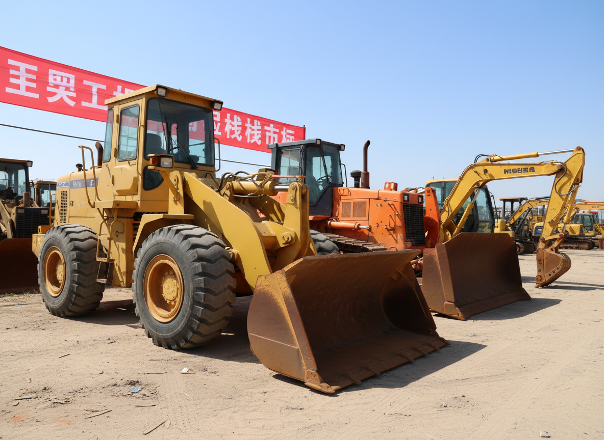 A mixed lineup of second-hand construction machines, including a wheel loader with a large front bucket, a bulldozer with a sturdy straight blade, and a compact excavator, all parked diagonally on a dry, dusty lot. Each machine features authentic signs of prior work—slightly worn tires, minor paint chips, and a thin coat of dust—yet appears structurally solid and ready for resale. Photographic realism under clear blue sky midday light creates crisp shadows that emphasize their robust forms. The camera captures the scene from a low, wide-angle viewpoint, making the machines appear powerful while the depth of field keeps the entire lineup sharp. The mood is energetic and commercial, evoking a well-stocked Chinese second-hand machinery marketplace.
