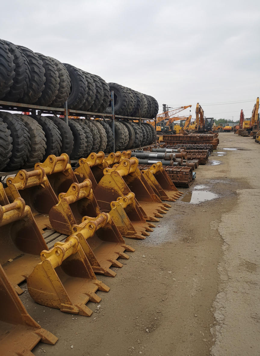 An organized outdoor storage area of a Chinese second-hand equipment supplier, featuring neatly arranged rows of excavator buckets, loader tires, hydraulic cylinders, and steel track segments. Each component is shown in high-resolution photographic detail, with worn yet serviceable surfaces, rust tones blending with faded industrial paint colors. The parts rest on wooden pallets and metal racks over compacted dirt and gravel. Overcast daylight creates diffused, shadow-softening illumination that highlights textures without harsh contrast. Shot from an eye-level, slightly oblique angle, the composition leads the viewer’s eye down receding rows of inventory, emphasizing depth and abundance. The atmosphere feels practical, efficient, and trustworthy, highlighting the availability of spare parts alongside complete used machines.