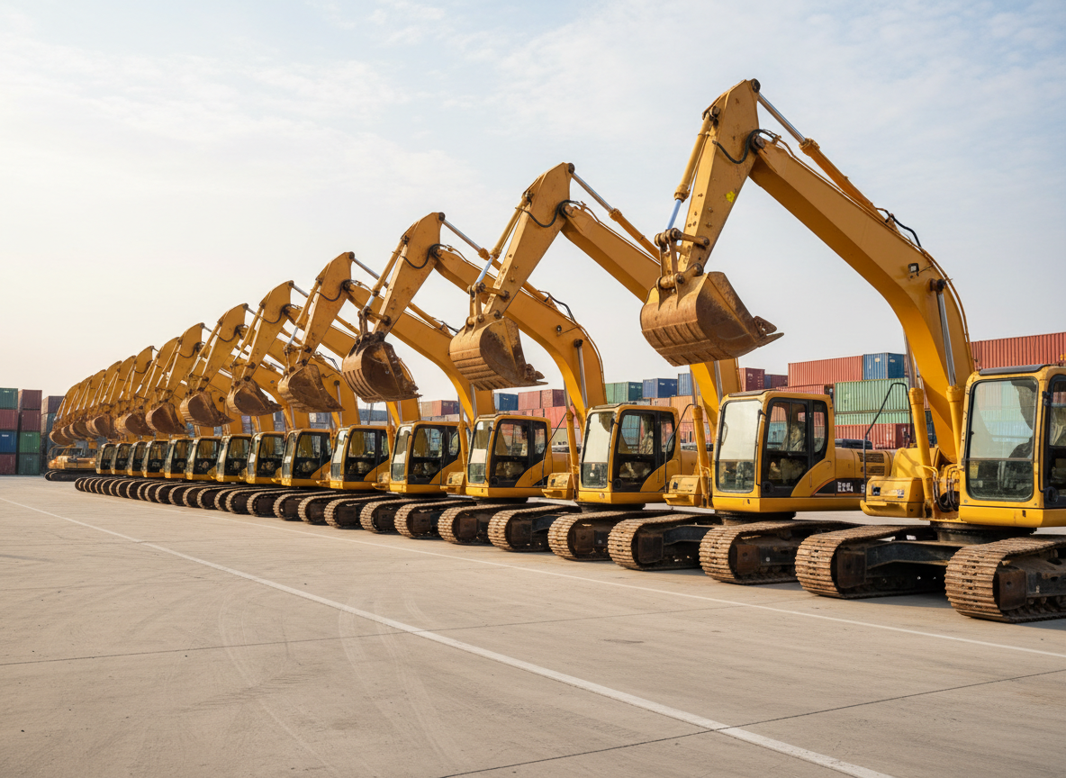 A row of well-maintained used excavators in vivid yellow and orange paint, their steel tracks aligned precisely on a clean concrete yard, each boom and bucket raised slightly at a uniform angle. The machines show light, realistic wear on the buckets and track pads, with subtle scratches and dust that indicate honest usage. Photographic realism captures them under soft afternoon daylight, with a bright but slightly hazy sky above and stacks of shipping containers blurred in the distance. Shot from a slightly elevated, wide-angle perspective, the composition emphasizes quantity and variety, conveying a large, reliable inventory of second-hand construction machinery in a clean, organized Chinese industrial yard.