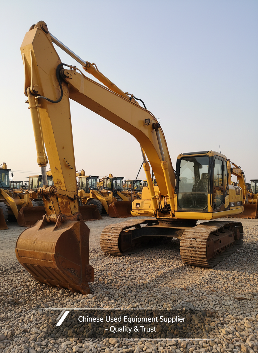 A close-up, three-quarter view of a used crawler excavator in excellent condition, its hydraulic lines, joints, and reinforced steel boom rendered in crisp photographic detail. The machine’s yellow paint shows gentle fading and a few realistic scuff marks near the bucket teeth, which rest on compacted gravel. In the background, out-of-focus silhouettes of other excavators and loaders suggest a busy second-hand machinery market. Late afternoon sunlight casts warm highlights along the boom and cabin edges, with soft shadows grounding the tracks. Shot at eye level with moderate depth of field, the framing centers the excavator, creating a confident, trustworthy mood suitable for a Chinese used equipment supplier’s homepage banner.