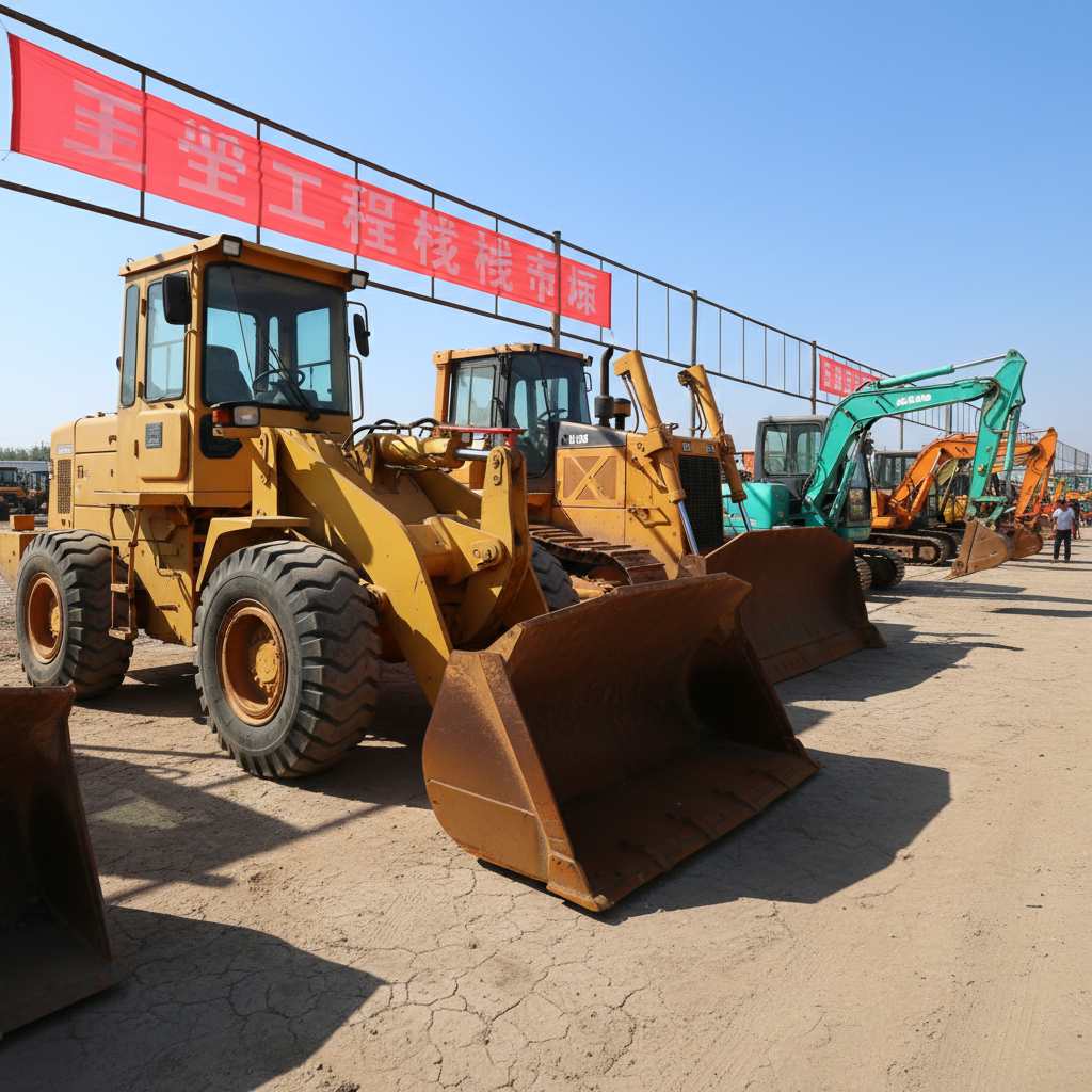 A mixed lineup of second-hand construction machines, including a wheel loader with a large front bucket, a bulldozer with a sturdy straight blade, and a compact excavator, all parked diagonally on a dry, dusty lot. Each machine features authentic signs of prior work—slightly worn tires, minor paint chips, and a thin coat of dust—yet appears structurally solid and ready for resale. Photographic realism under clear blue sky midday light creates crisp shadows that emphasize their robust forms. The camera captures the scene from a low, wide-angle viewpoint, making the machines appear powerful while the depth of field keeps the entire lineup sharp. The mood is energetic and commercial, evoking a well-stocked Chinese second-hand machinery marketplace.